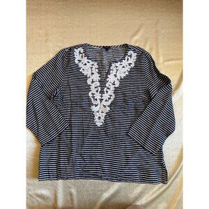 Talbots Beaded Navy Stripe 100%‎ Linen Tunic Top Embellished V Neck Sz Large